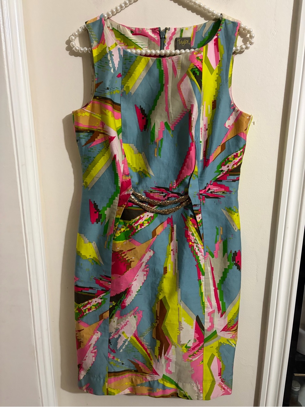 Taylor Multicolor Abstract Midi Dress in Blue, Pink & Lime